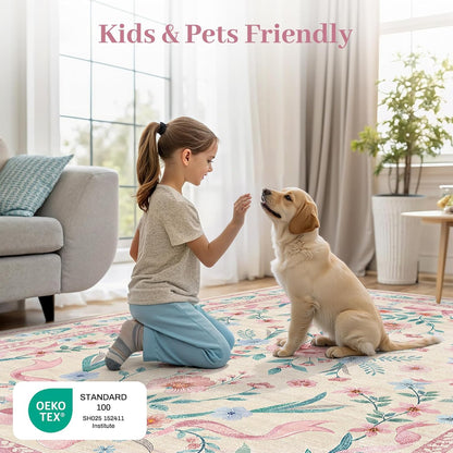 Coquette Pink Bow Rug 5x7, Washable Floral Area Rug for Girls Bedroom & Nursery, Soft Low Pile Non Slip Carpet for Kids Room, Dorm, Playroom, Living Room