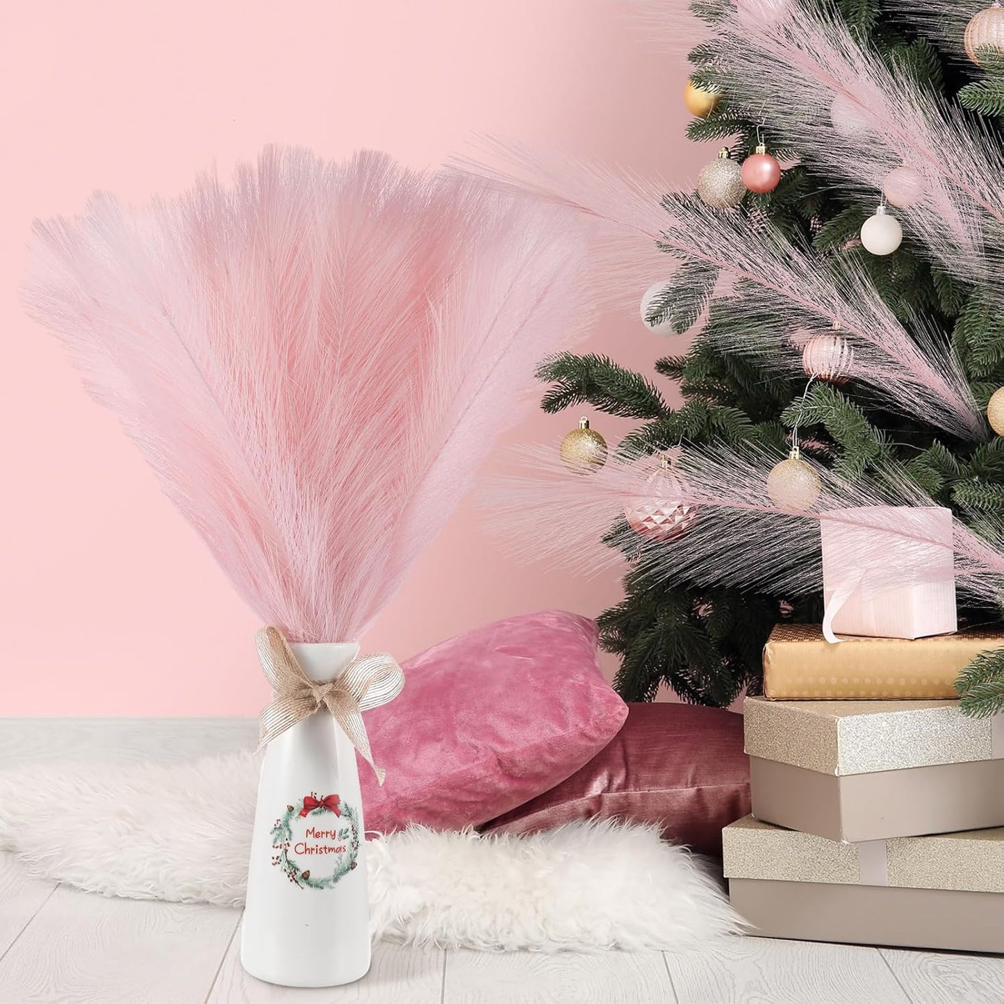 Cinnvoice 50 Pcs Christmas Pampas Grass Tree Decor 16.5 Inch Boho Faux Pampas Grass Tree Topper for DIY Pastel Christmas Ornaments Table Centerpiece Xmas Wedding Party Home Decor(Pink)