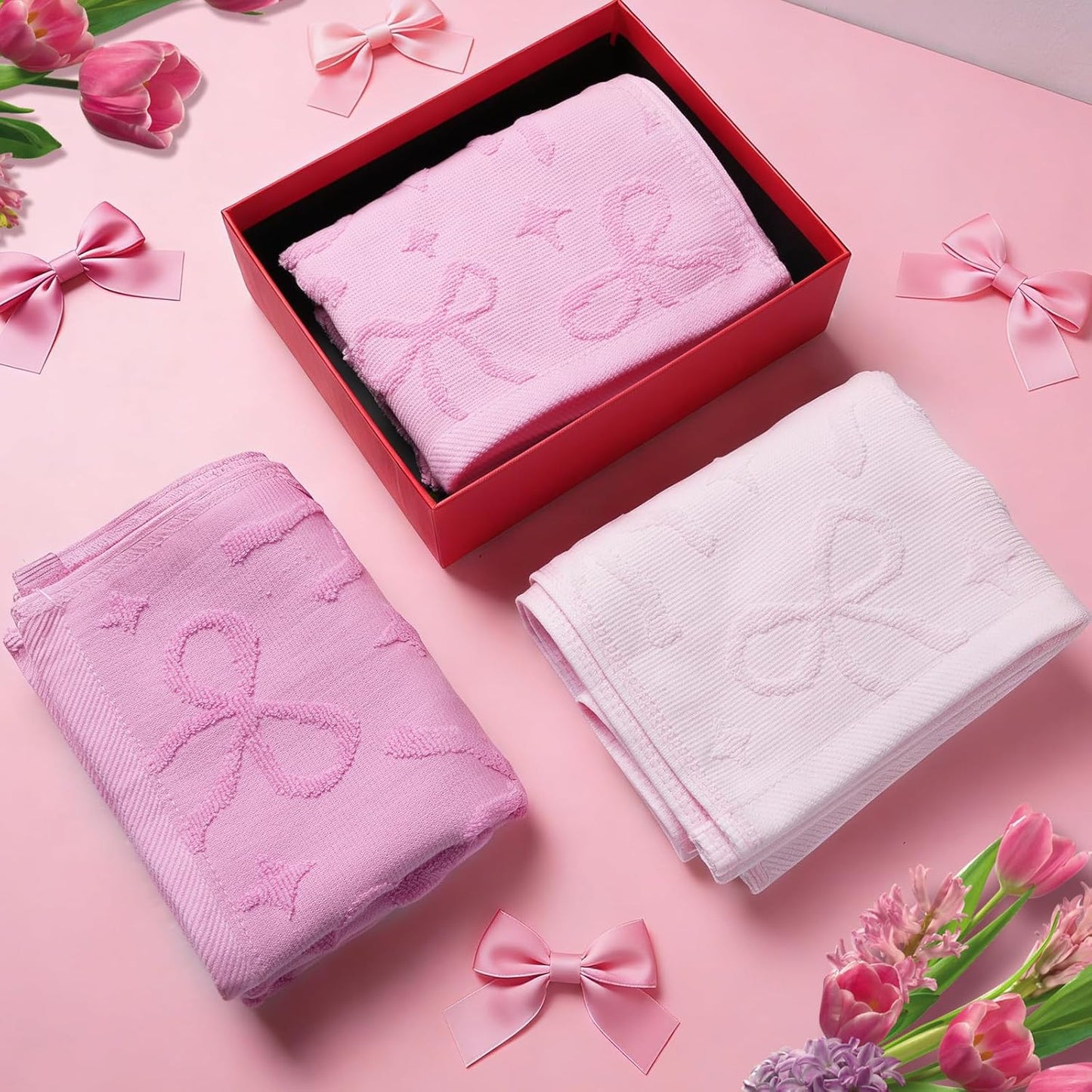 Shemilly 3pcs Bow Hand Towels Set Pink Bow Jacquard Hand Towel for Bath 100% Cotton Soft Bathroom Kitchen Decorative Set for Spring Summer Holiday Decor Gift,14 x 29 Inch