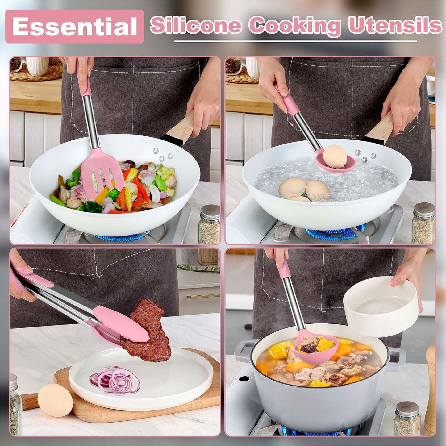 LIANYU Silicone Kitchen Utensils Set of 6, Cooking Utensils Spatula Set for Nonstick Cookware, Heat Resistant Kitchen Gadgets Tools, Stainless Steel Handle, Pink