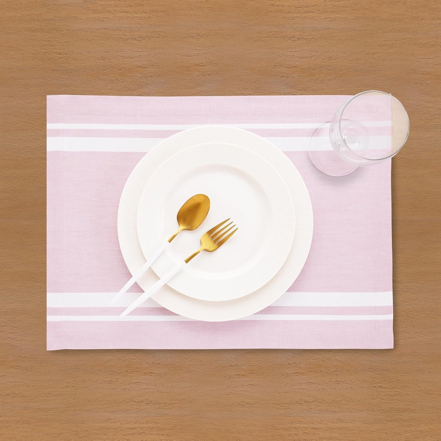 Solino Home Linen Placemats Set of 4 - French Stripe White and Dusty Pink Placemats 14 x 19 Inch - 100% Pure Linen Table Mats for Summer