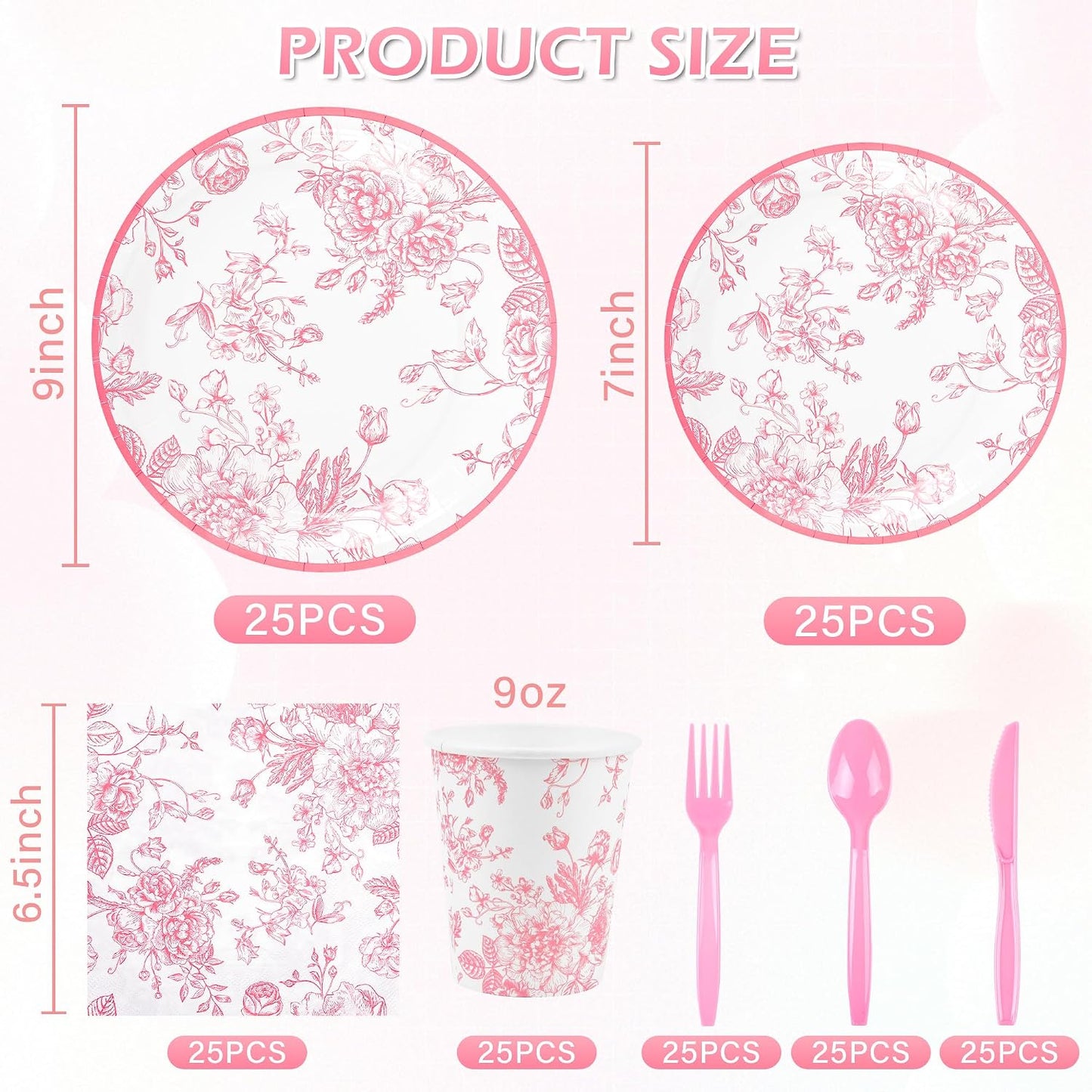 175Pcs Pink Floral Paper Plates and Napkins 25 Guests Pink White Toile Chinoiserie Party Supplies Set Include Plates Napkins Cups Spoons Forks Knives for Christmas Birthday Wedding Mother's Day