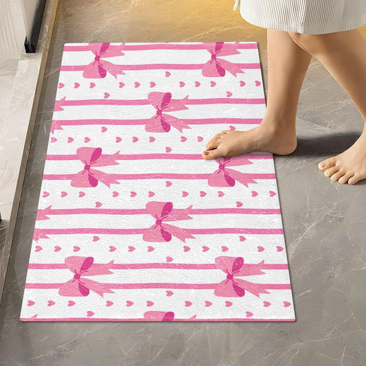 Pink Bows and Stripes Bathroom Rugs, Ultra Soft Absorbent Plush 16” x 24” Bath Mats, Non-Slip Machine Washable Shaggy Floor Rugs for Bathroom Tub