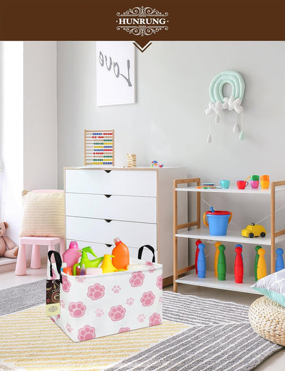 Rectangle Canvas Storage Basket Foldable Waterproof Toy Organizer Bin with Handles Fabric Collapsible Storage Bins for Shelves Kids Room Playroom Nursery Clothes and Pet Supplies(REC-Pink Paw)