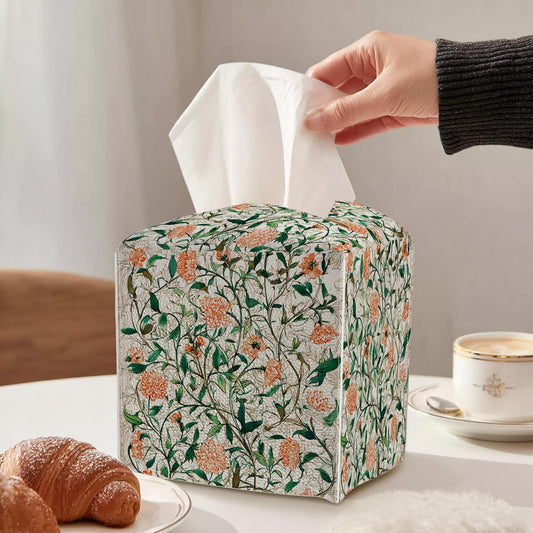 William Morris Floral Tissue Box Cover - Vintage Style 5.2 x 5.2Inch PU Leather Holder with Elastic Strap for Bathroom, Bedroom, Office Desk & Nightstand (Pink Flower)