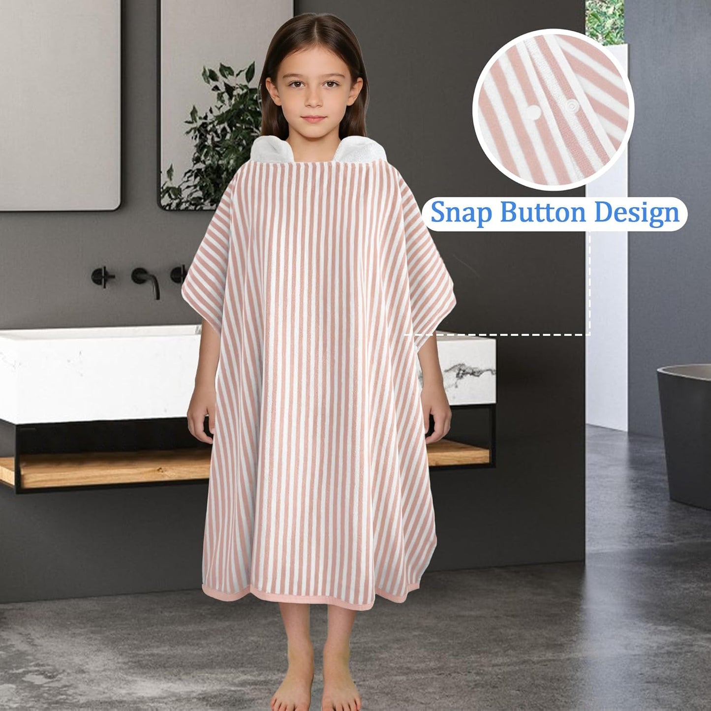 VOOVA & MOVAS Hooded Poncho Towel for Teens Unisex 100% Cotton Soft Pastel Beach Pool Bath Cover Up Blush Pink White Thin Stripe with White Hood