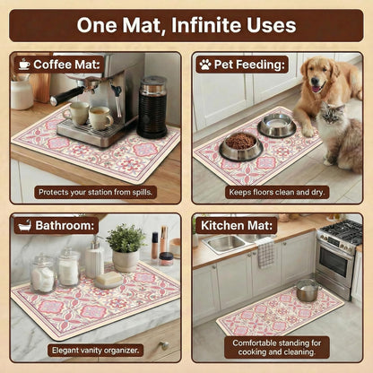 Boho Dish Drying Mat for Kitchen Counter - Super Absorbent Faux Leather Kitchen Mat, Quick Dry & Non-Slip Countertop Protector, Aesthetic Bohemian Decor for Coffee Bar (16"x21", Pink)