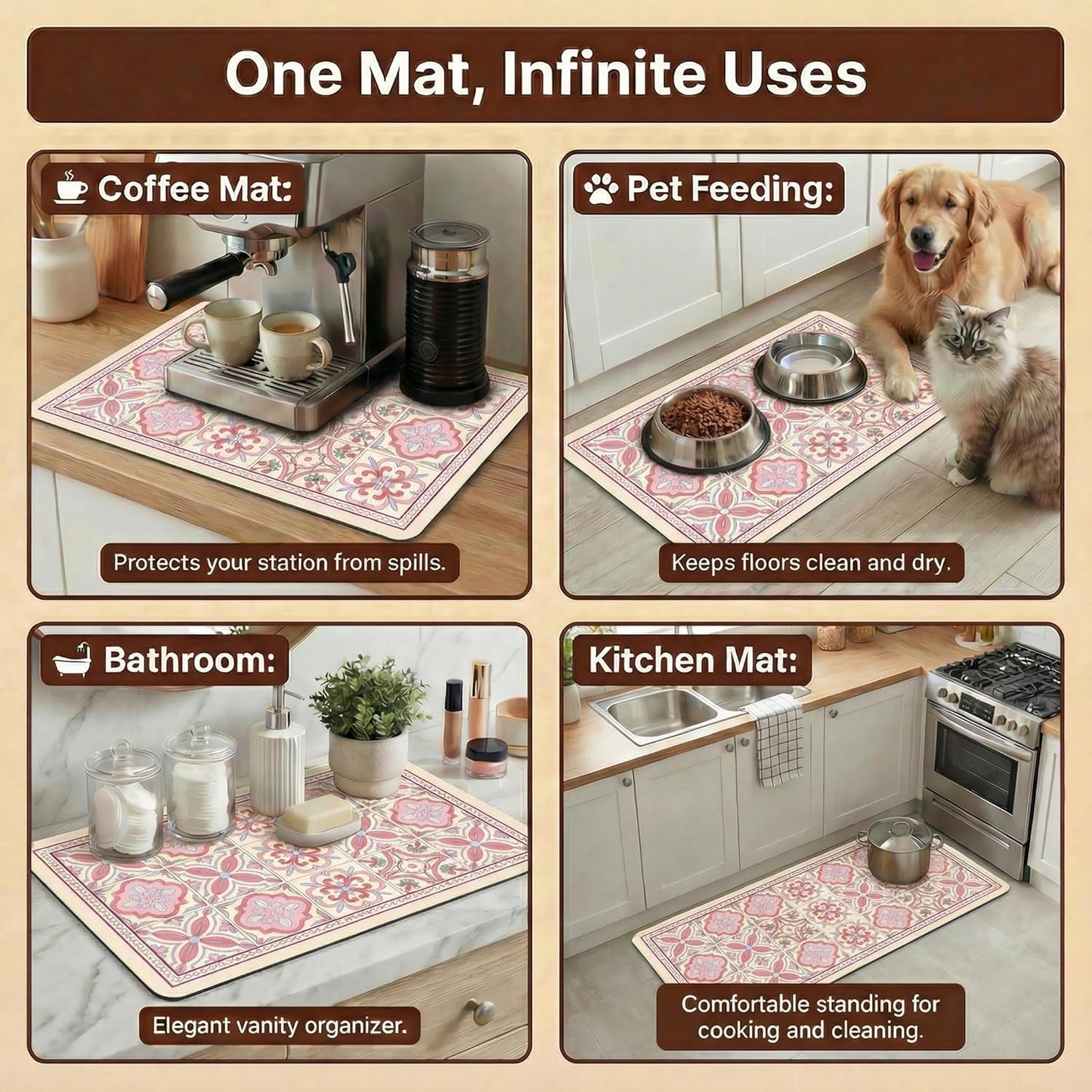 Boho Dish Drying Mat for Kitchen Counter - Super Absorbent Faux Leather Kitchen Mat, Quick Dry & Non-Slip Countertop Protector, Aesthetic Bohemian Decor for Coffee Bar (17"x31.5", Pink)