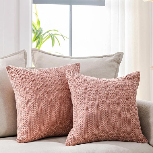 18x18 Throw Pillow Covers Set of 2 Boho Decorative Pillow Shams Stone Washed Cotton Pillowcase Waffle Square for Couch Sofa Chair Bed Car,Coral Pink