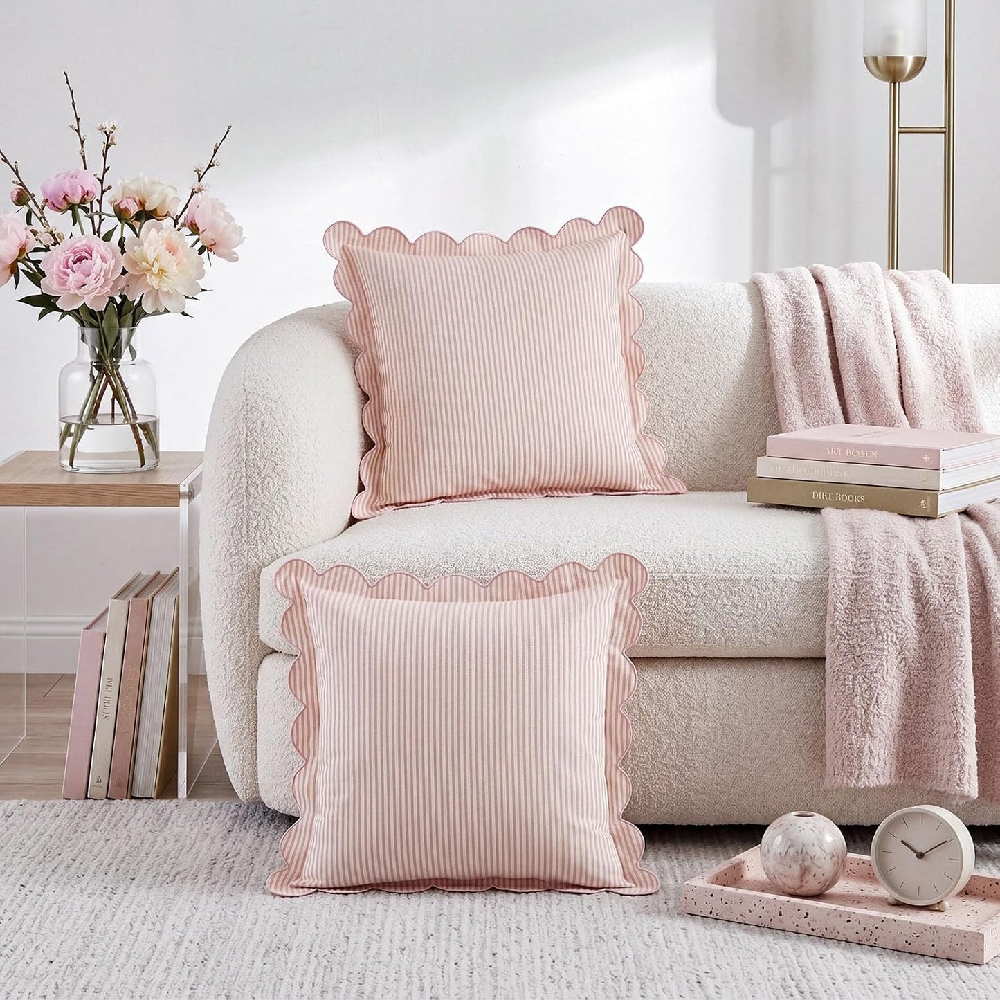 Newwiee 2 Pack Scalloped Pillow Cover 20 x 20 Inch Pink Stripe Throw Pillow Cover Cotton Decorative Pillowcase for Women Men Couch Living Room Cushion Indoor Outdoor Decoration