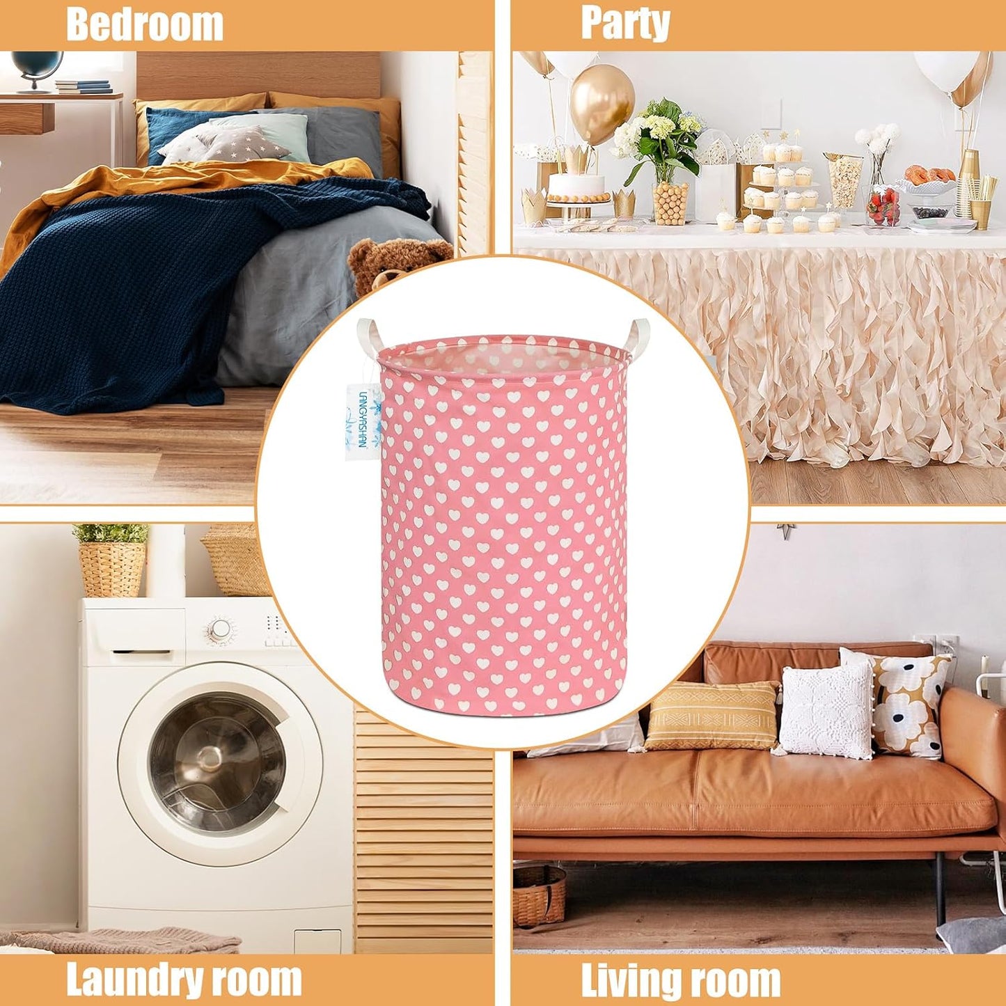 Laundry Hamper Collapsible Kids Storage Basket Waterproof Fabric Toy Clothes Organizer Bin for Children Bedroom Bathroom (Pink heart)