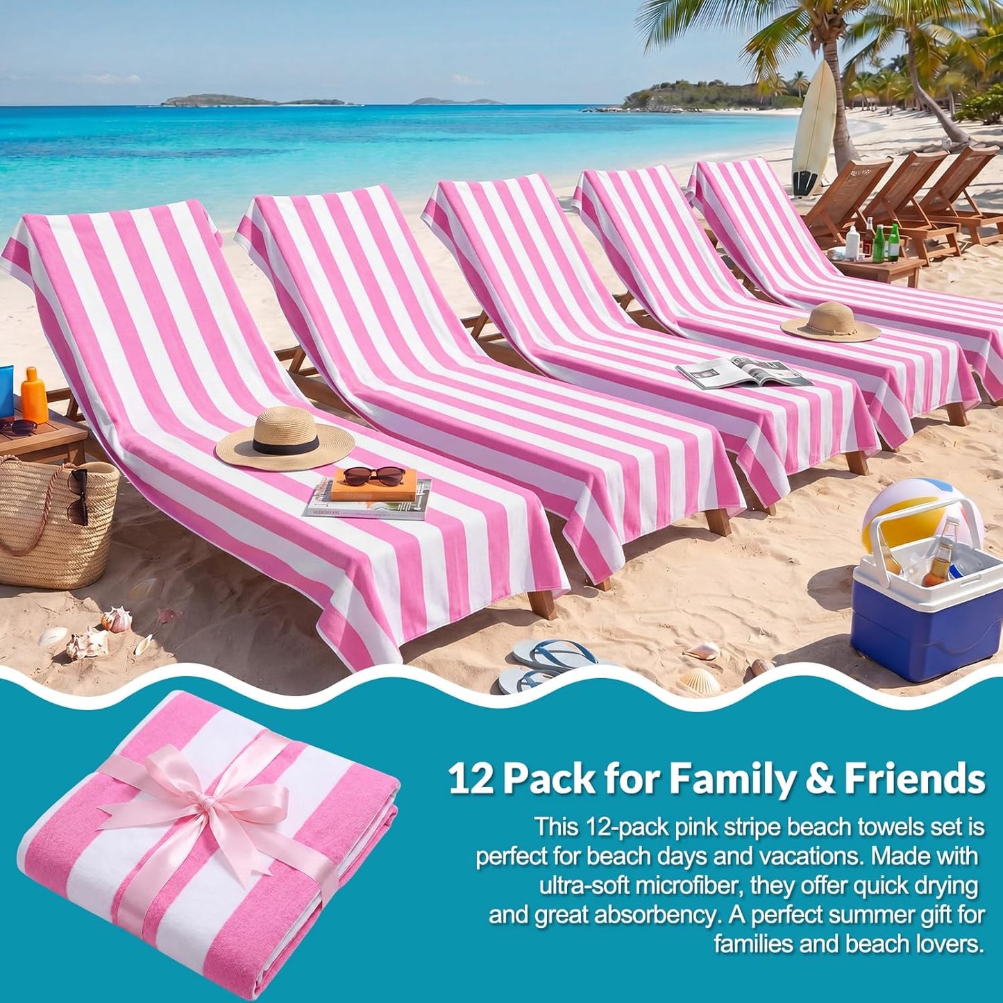 Frienda 12 Pack Pink Striped Beach Towels 71''x 32'' Large Microfiber Quick Dry Absorbent Bath Towels for Swimming Pool Beach Cruise Travel Gym Supplies