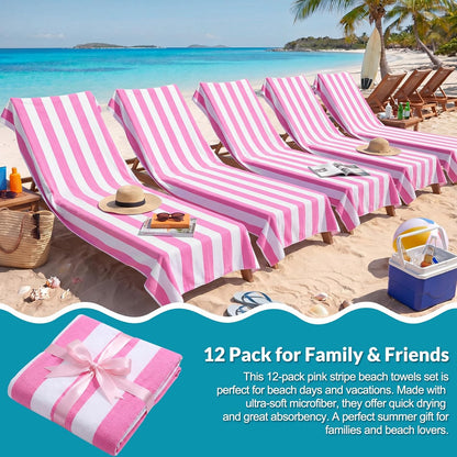 Frienda 12 Pack Pink Striped Beach Towels 71''x 32'' Large Microfiber Quick Dry Absorbent Bath Towels for Swimming Pool Beach Cruise Travel Gym Supplies