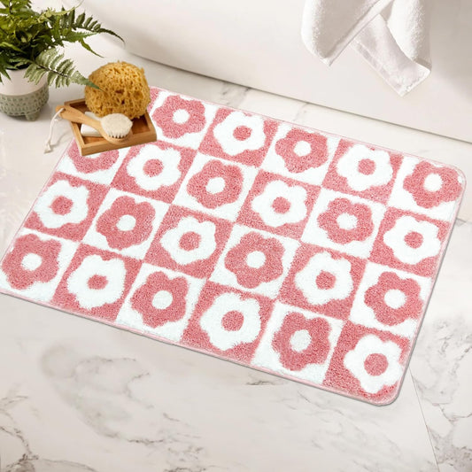 Pink Bathroom Rugs Checkered Rug Super Soft Cute Bath Mat for Bathroom Flower Decor Non Slip Bathmat Absorbent Microfiber Floral Mat 20X32 Inches