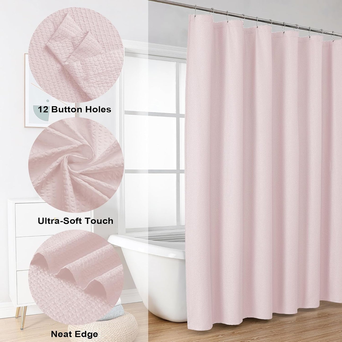 OVZME Berry Pink Shower Curtain, Kids Bathroom Curtain 72 Inch Long, 3D Embossed Fabric Waffle Shower Curtain, Luxury Hotel Quality Bathroom Curtain, 72 x 72 Inches