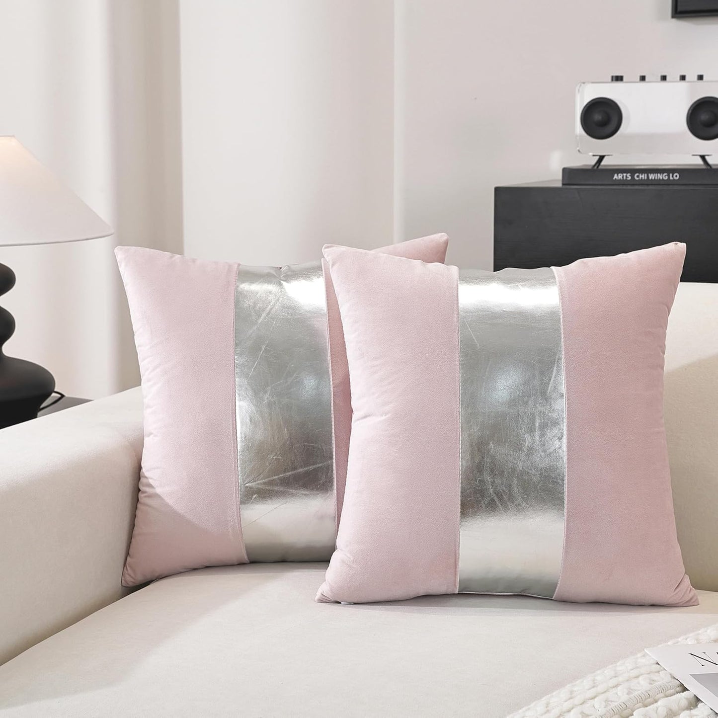TAOSON Pack of 2 Velvet Decorative Throw Pillow Covers Pink Patchwork with Silver Striped Leather Pillow Covers 18 × 18 Inch Cushion Covers Decor Living Room Sofa Bedroom Car Only Cover No Insert