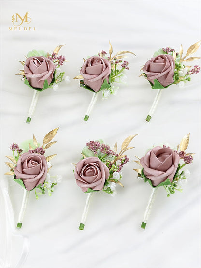 Dusty Pink Faux Foam Rose Boutonnieres for Men Wedding Prom 6Pcs | Artificial Foam Rose Boutonnieres for Wedding Prom Groom Groomsman Homecoming Ceremony Anniversary Party
