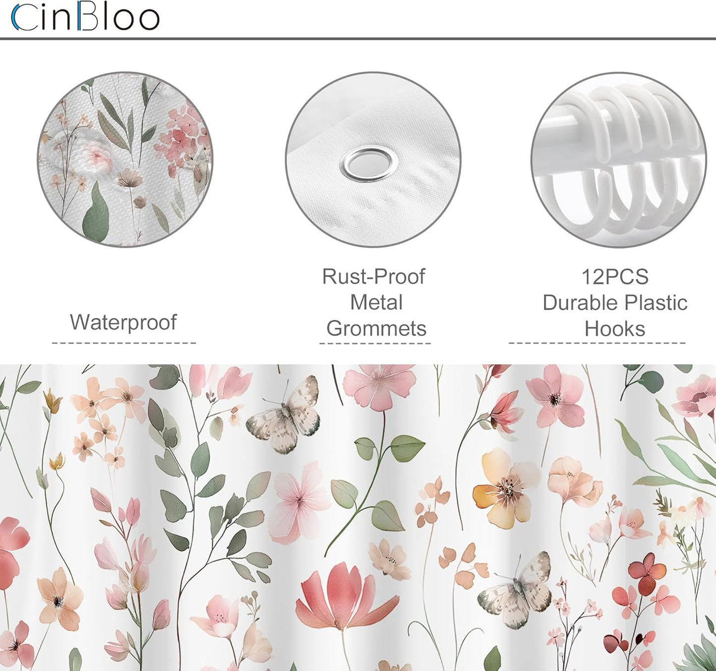 Pink Blush Coral Flower Floral Shower Curtain,Women Girls Wildflower Leaves Leaf Fabric Bathroom Curtains,Botanical Natural Spring Summer Butterfly Cloth Shower Curtain Set with Hooks, 72Wx72H