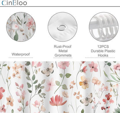 Pink Blush Coral Flower Floral Shower Curtain,Women Girls Wildflower Leaves Leaf Fabric Bathroom Curtains,Botanical Natural Spring Summer Butterfly Cloth Shower Curtain Set with Hooks, 72Wx72H