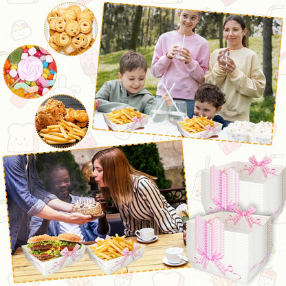 Pink Bow Paper Food Trays - 24Pcs Large Size Coquette Birthday Decorations Kraft Food Boat;Nacho Trays Bow Birthday Party Supplies for Valentines Wedding Baby Shower Party Decoration