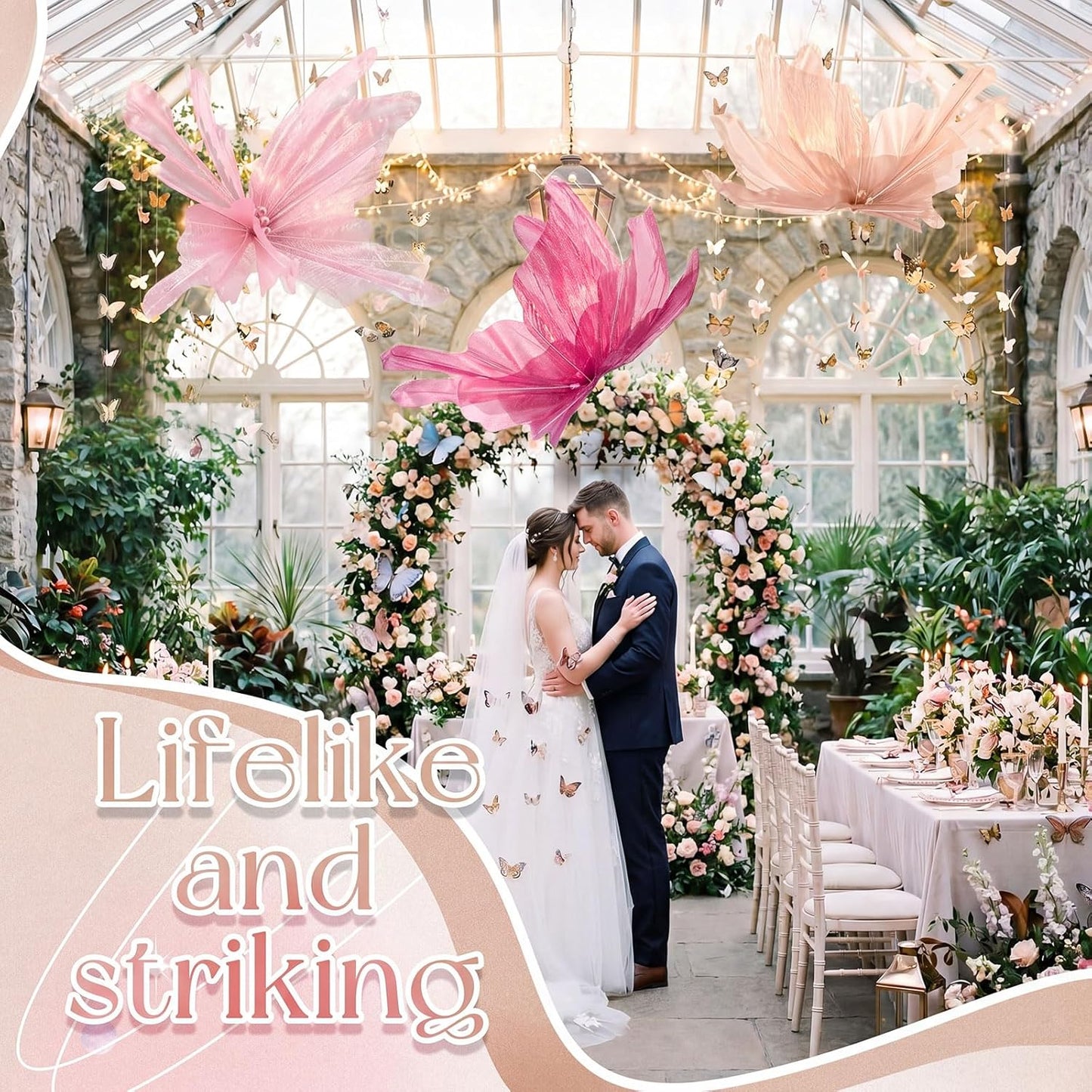 Havawish 3 Pcs 19.7in Giant Butterfly Decoration for Wedding Party Reception, Artificial Gauze Large Butterfly Prop for Banquet Ceremony Church, Pink, Peach Pink, Rose Red