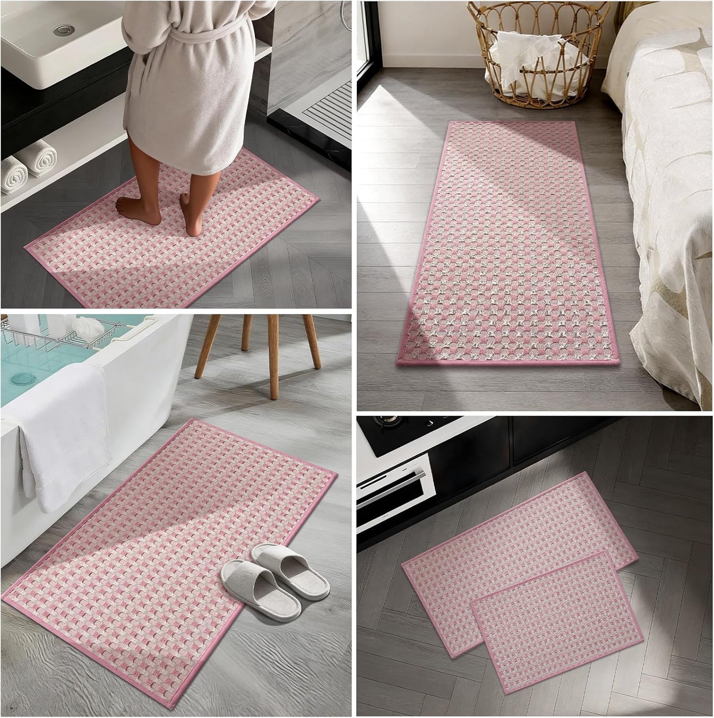 YIHOUSE Bathroom Rugs 16" x 24", Ultra Thin Checkered Weave Bath Mat - Soft Absorbent Quick Dry Bath Mat, Machine Washable Non Slip Bath Rugs for Bathroom, Shower and Tub, Pink White