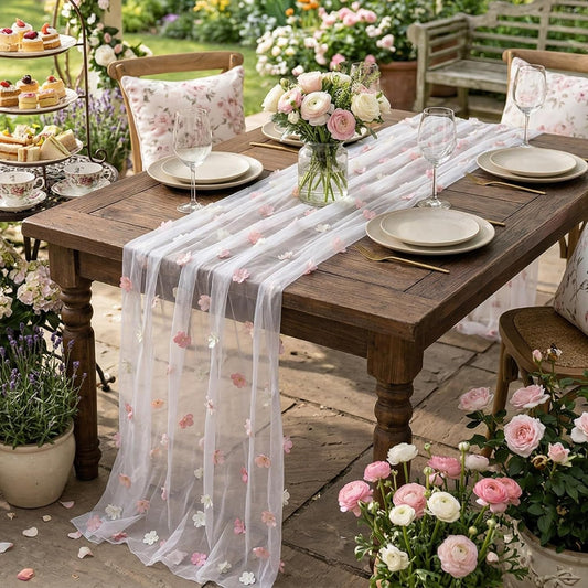 Remagr 9.8 ft Pink Flower Table Runner Embroidery Seasonal Table Decorations Tulle Fabric for Home Indoor Decor, Bridal Shower Wedding, Baby Shower Parties, Holiday DIY Craft Kitchen Decor
