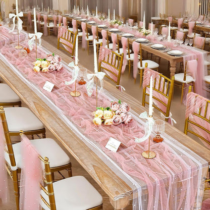 Dusty Pink Pearl Table Runner: Tulle 10ft Pearl Tulle Fabric Centerpieces Wedding Lace Tablecover Arch for Bridal Shower Veil Baby Shower Sweetheart Birthday Table Decorations