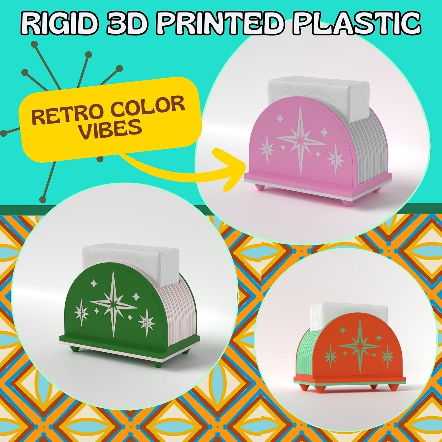 Mid Century Mod Arc Starburst Napkin Holder Retro Kitchen Decor 1960s 50s Atomic Era Gift Unique MCM Midmod Table Dinner Lunch Decoration (Pink/White)