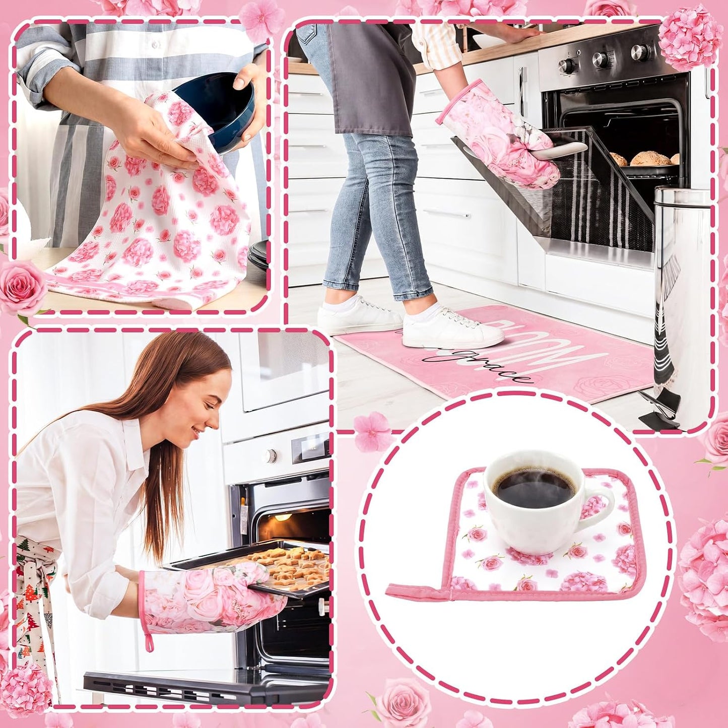 Fourluoo 10 Pcs Pink Floral Kitchen Decor Sets 4 Rose Kitchen Dish Towels 2 Hydrangea Pot Holders 2 Oven Mitts Glove 2 Pink Flowers Rustic Non Slip Rugs and Mats for Floor Home Accessories Mom Gift