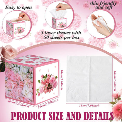 Fourluoo 12 Pack Summer Rose Floral Facial Tissues Cube Boxes 600 Sheets 3 Ply Pink Small Square Flower Face Tissues Bulk for Summer Car Bedroom Supplies