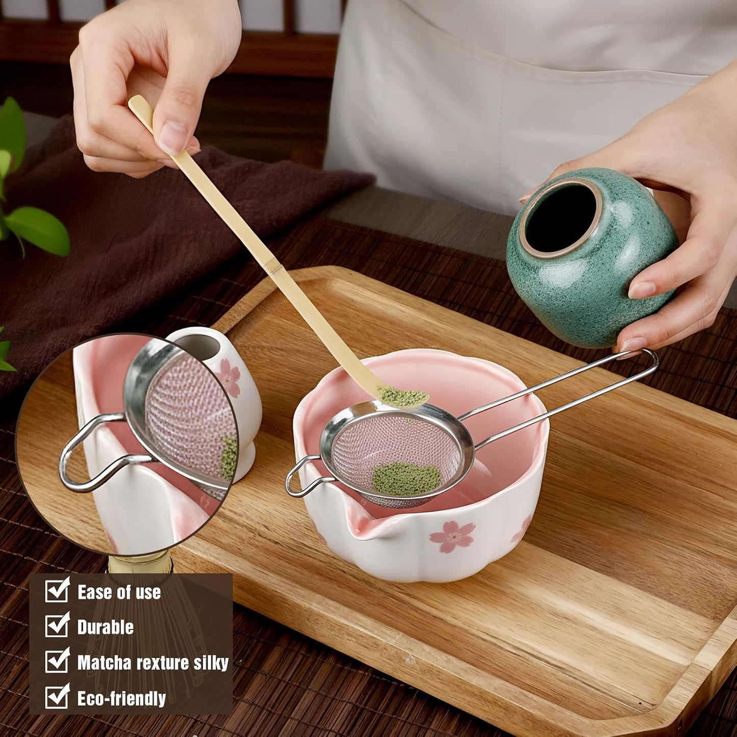 Vesici Matcha Whisk Set with Pink Sakura Bowl, Bamboo Whisk, Spoon, Chasen Holder, Stainless Steel Sifter, 5 Pcs Kit for Matcha Lovers Gift for Christmas, Birthday
