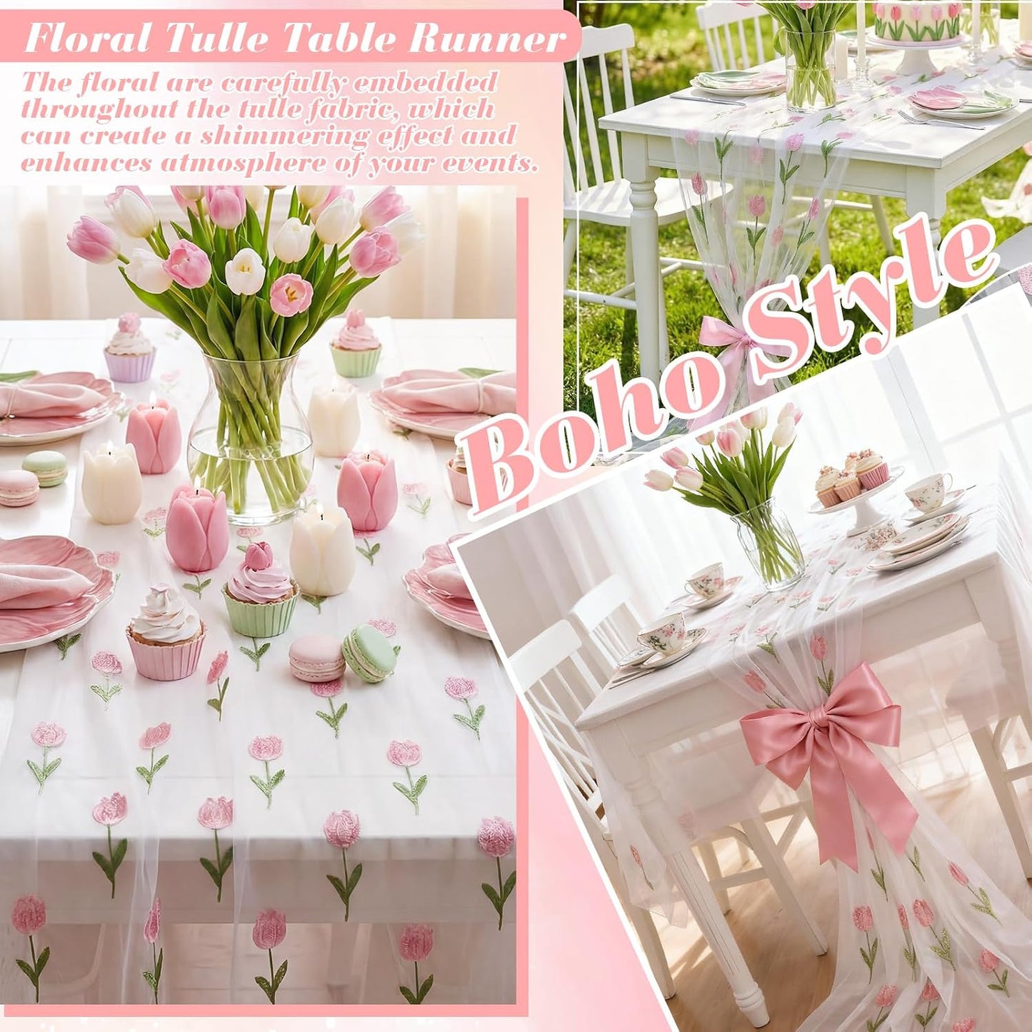 Mindsoft 3 Pcs Pink Floral Tulip Table Runner 10ft Gauze Embroidery Tulip Sheer Floral Tulle Easter Lace Table Runner for Wedding Bridal Baby Shower Holiday Dining Decor DIY