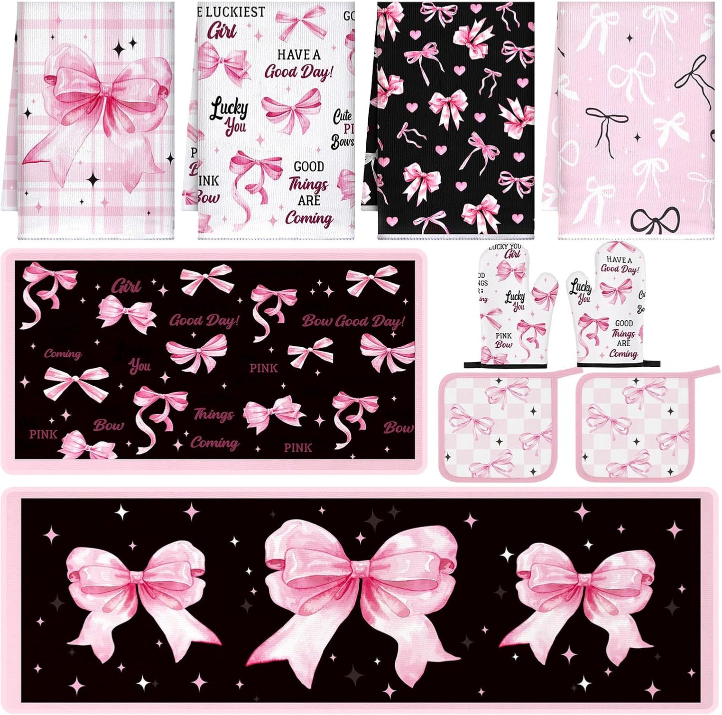 Fourluoo 10 Pcs Bow Kitchen Dish Towels Rugs Oven Mitts and Pot Holders Set Farmhouse Kitchen Decor Set for Women Mom Daughter Gift Cooking Baking Grilling(Black, Pink)