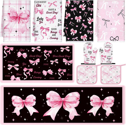 Fourluoo 10 Pcs Bow Kitchen Dish Towels Rugs Oven Mitts and Pot Holders Set Farmhouse Kitchen Decor Set for Women Mom Daughter Gift Cooking Baking Grilling(Black, Pink)