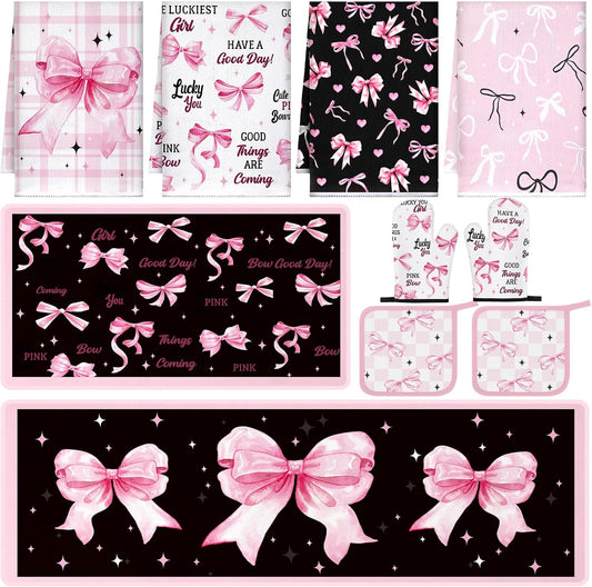 Fourluoo 10 Pcs Bow Kitchen Dish Towels Rugs Oven Mitts and Pot Holders Set Farmhouse Kitchen Decor Set for Women Mom Daughter Gift Cooking Baking Grilling(Black, Pink)