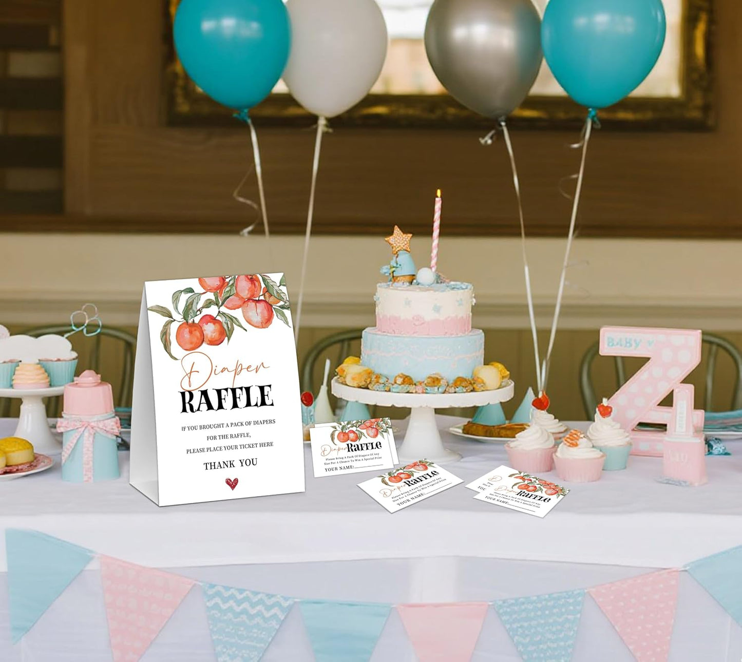 Peach Baby Shower Diaper Raffle, Baby Shower Game, Include One 5×7 Sign and 50 Diaper Raffle Tickets, Sweet Peach Gender Reveal Party Decoration Supplies - FG14