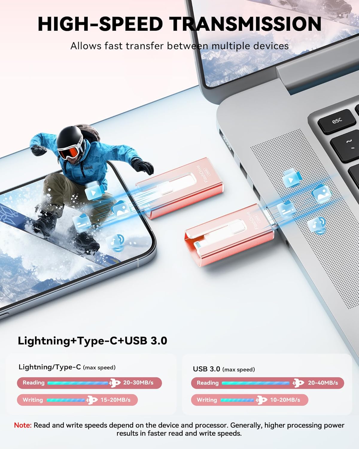MFi Certified 256GB Flash Drive for iPhone iPad, USB Memory Stick Thumb Drive for iPhone/iPad/Android/PC(Rose Pink)