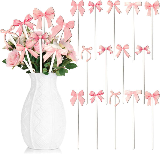 TICIAGA Pink Bow Wooden Picks - 14PCS Pink Bow Tie Double-Sided Wooden Decorative Pick for Home Cute Vase Filler Wooden Bow Tie Decorative Pick for Farmhouse Decor Bow Tie Theme Decorations for Home