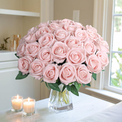 50 PCS Roses Artificial Flowers, Fake Roses with Stem Realistic Blush Silk Rose for DIY Wedding Bouquets Table Centerpieces Arrangements Baby Shower Birthday Home Decor Valentines Day Gift for Her