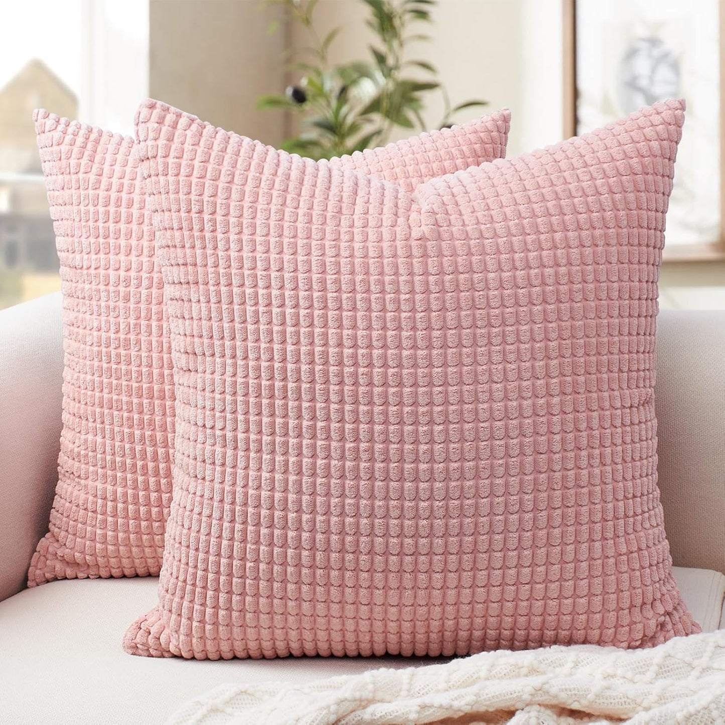 Softalker Throw Pillow Covers 18x18 Inch, Set of 2, Soft Corduroy Boho Stripe Decorative Pillow Cover, Couch Fluffy Pillow Cover for Farmhouse Home Decor Bed Living Room, Pink