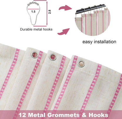 PROCIDA Pink Shower Curtain-Stripeddot Striped, 72x72 Inch Yarn Dyed Linen Blend Cloth Fabric Bathroom Curtain with 12 Metal Hooks, Bath Curtain for Modern Farmhouse Bathrooms