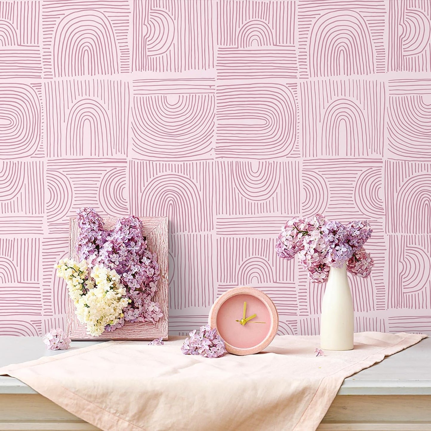 VEELIKE Pink Geometric Peel and Stick Wallpaper Boho Geometric Wallpaper for Bathroom Bedroom 17.7''x118'' Abstract Art Deco Wallpaper Removable Prepasted Pink Contact Paper for Cabinets Drawers