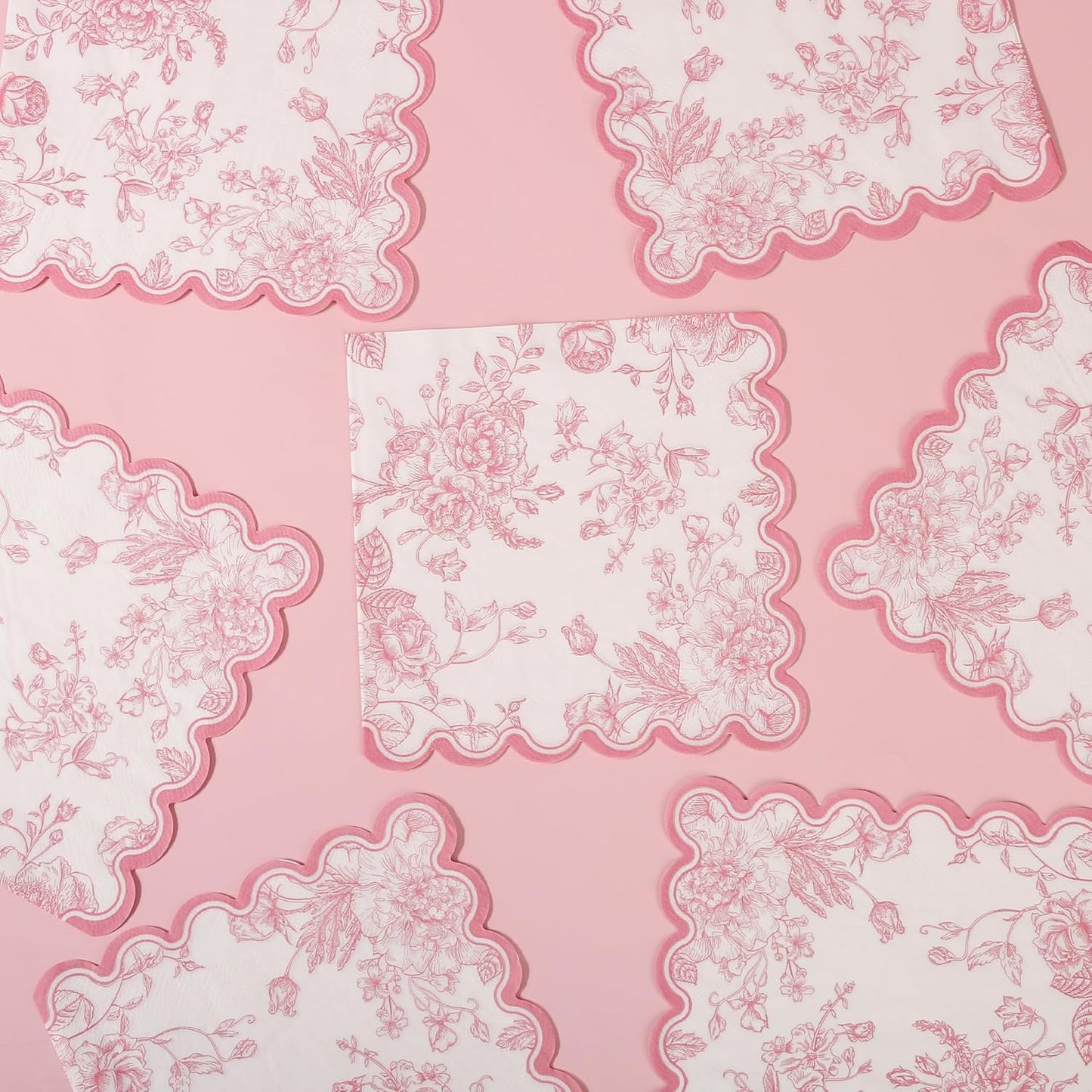100 Pink Floral Paper Napkins Pink & White Flowers Disposable Party Napkin 6.5" Scalloped Edge Toile Bouquet Hand Towels for Birthday Bridal Baby Shower Tableware