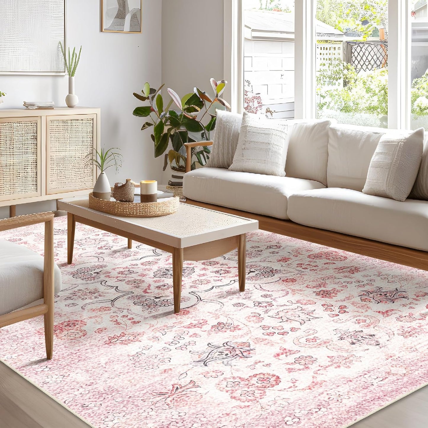 5x7 Area Rugs Washable,Pink Rug for Bedroom Living Room Kitchen Dining Room,Large Boho Vintage Bohemian Distressed Farmhouse Carpet Non Slip,Grey Blush Floral