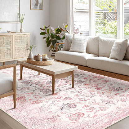 5x7 Area Rugs Washable,Pink Rug for Bedroom Living Room Kitchen Dining Room,Large Boho Vintage Bohemian Distressed Farmhouse Carpet Non Slip,Grey Blush Floral