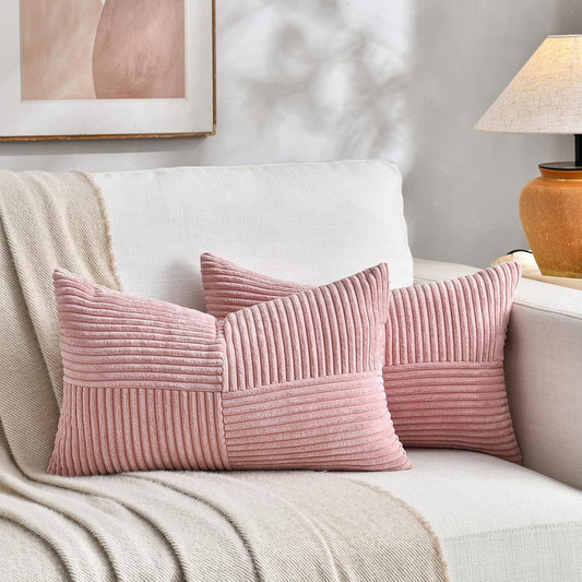 Fancy Homi Blush Pink Lumbar Decorative Throw Pillow Covers 12x20 Inch for Living Room Couch Bed, Rustic Farmhouse Boho Home Decor, Soft Striped Corduroy Rectangle Accent Cushion Case 30x50 cm