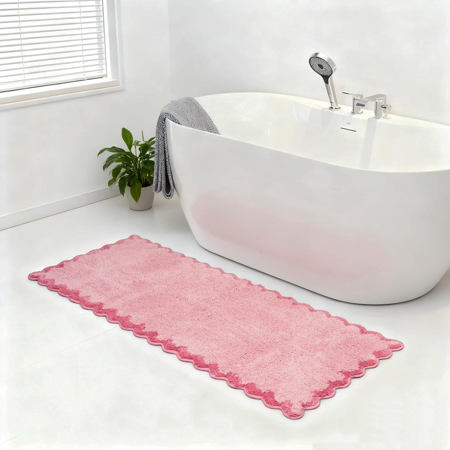 ORTIGIA Long Cute Scalloped Bathroom Rugs Runner, Fun CandyPink Plush Microfiber Scallop Bath Mats Non Slip Washable Quick Dry Absorbent, Rug Carpet for Bathtub Sink Laundry Room Bedroom, 24x59