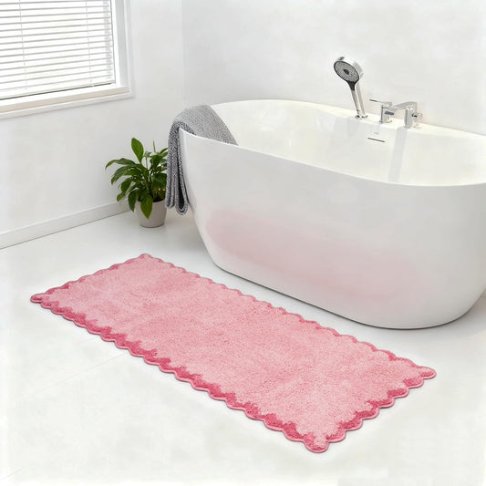ORTIGIA Long Cute Scalloped Bathroom Rugs Runner, Fun CandyPink Plush Microfiber Scallop Bath Mats Non Slip Washable Quick Dry Absorbent, Rug Carpet for Bathtub Sink Laundry Room Bedroom, 24x59