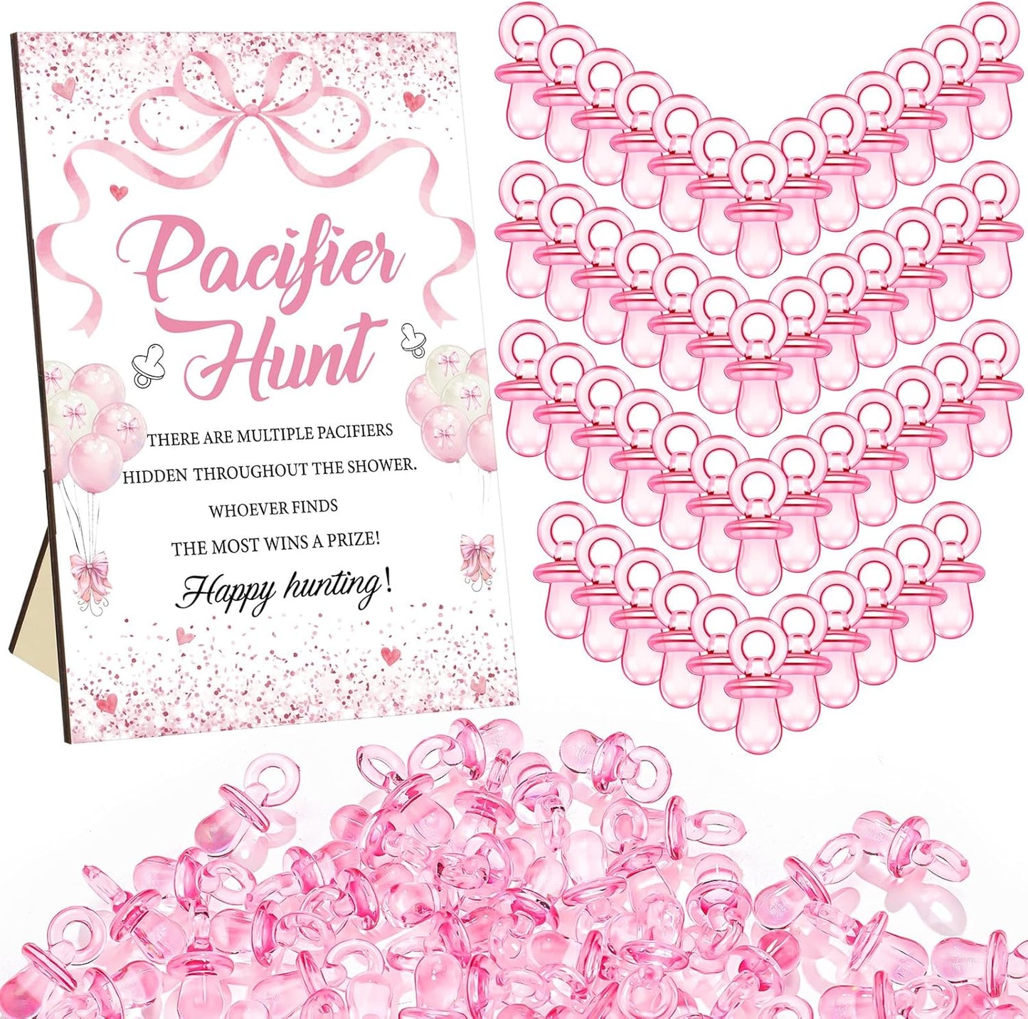 Thyle 51 Pcs Pink Bow Pacifier Hunt Baby Shower Games Include Hunt Sign and 50 Acrylic Pacifiers Coquette Bow Themed Baby Shower Game Decoration Gift Sets for Girls Gender Reveal Party Decor